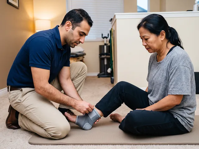 Therapist fitting a patient with an ankle brace