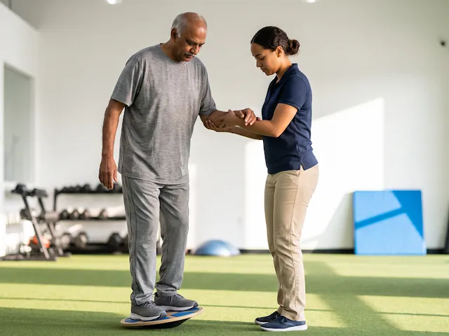 Therapist assisting an older adult on a balance board