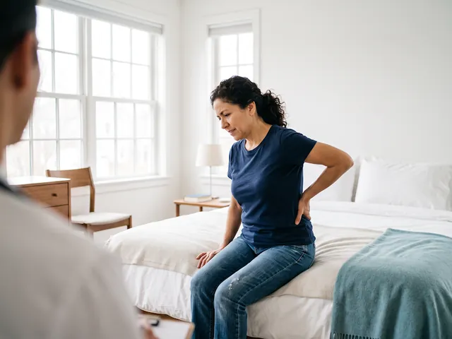 Person sitting on the edge of a bed with back discomfort