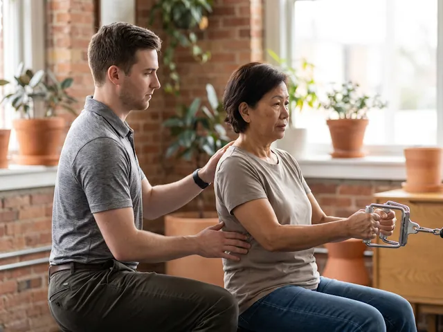 Coach guiding an older adult through a cable-row exercise
