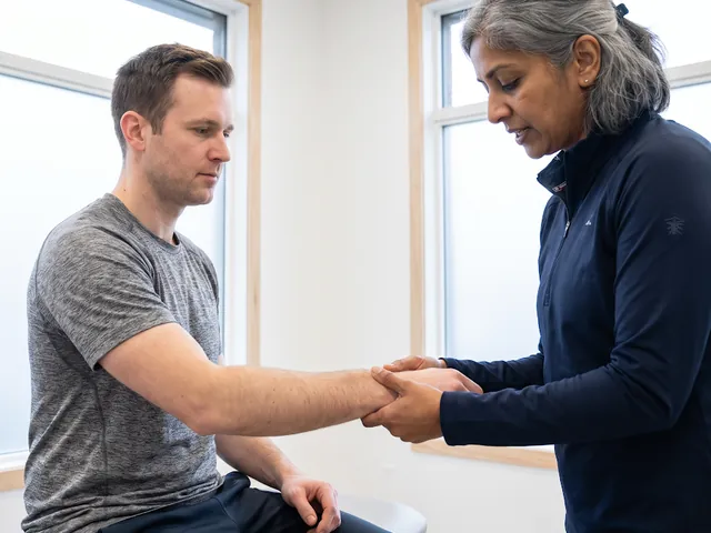 Therapist assessing a patient's forearm