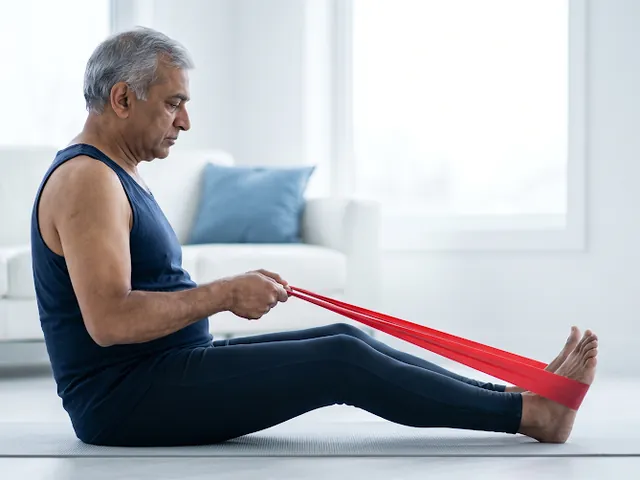 Person doing a floor resistance-band exercise at home