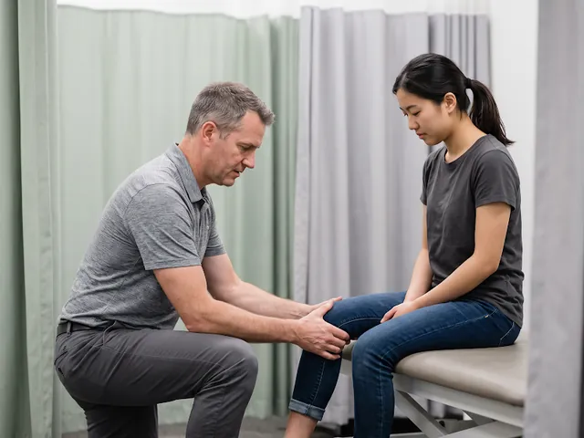 Clinician examining a patient's knee on a treatment table
