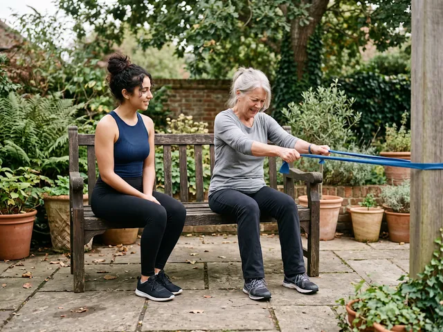 Older adult exercising outdoors with a resistance band