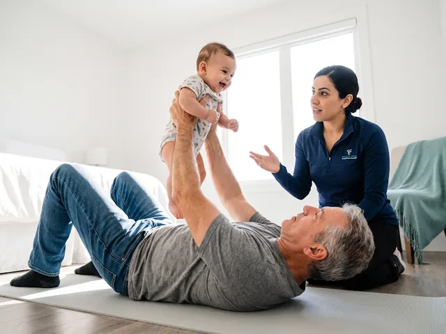 Grandparent lifting a baby overhead while lying on the floor