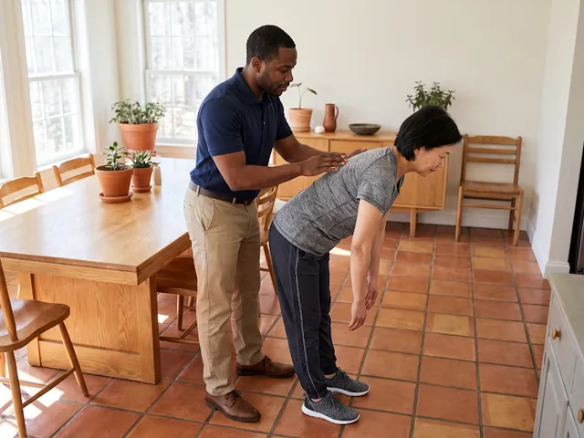 Physical therapist assessing a patient's back at home