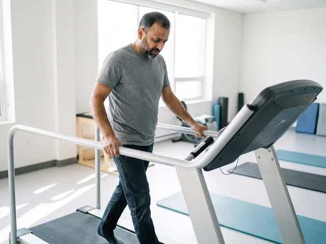 Older adult doing treadmill gait training with a therapist