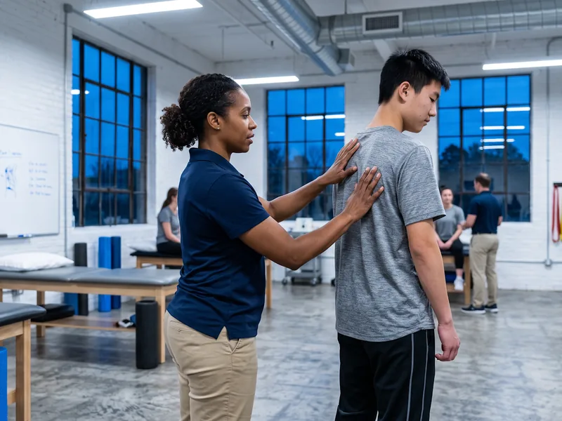 Physical therapist assessing a patient's back