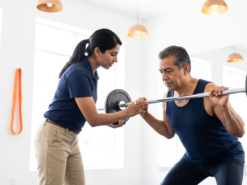 Coach guiding a client through a barbell lift at the gym