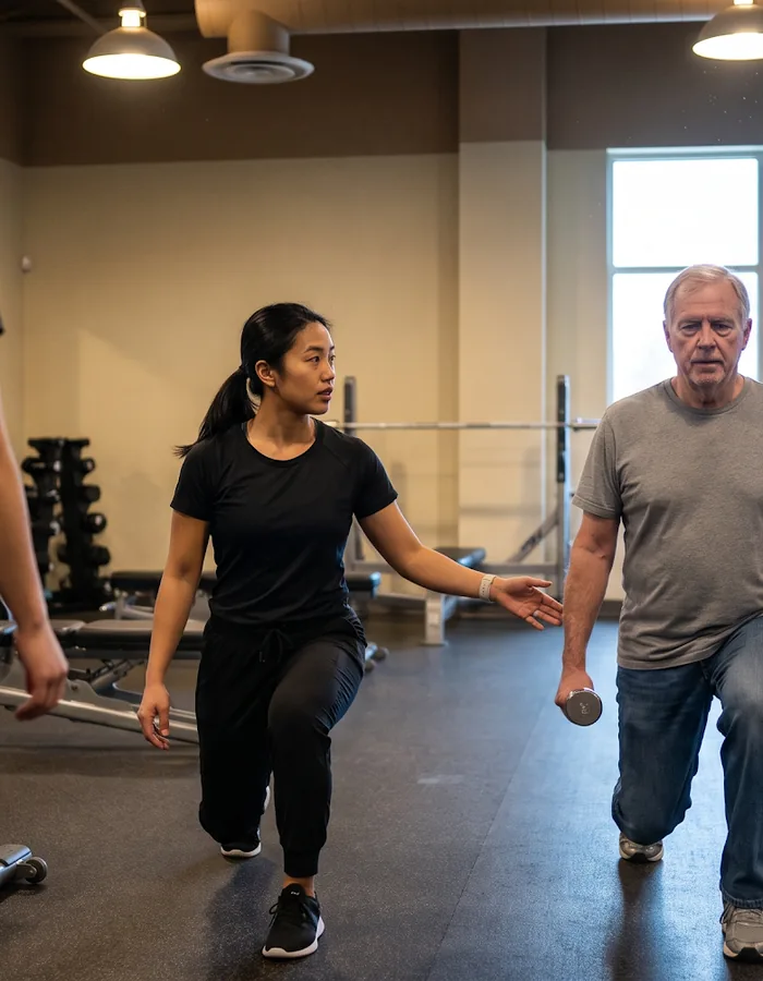 Coach guiding a client through a lunge exercise