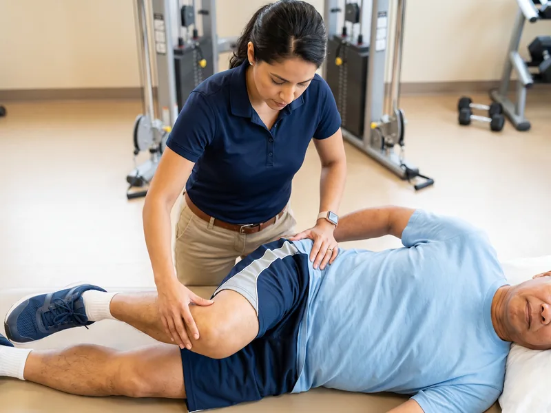 Patient working through guided mobility exercises with a therapist