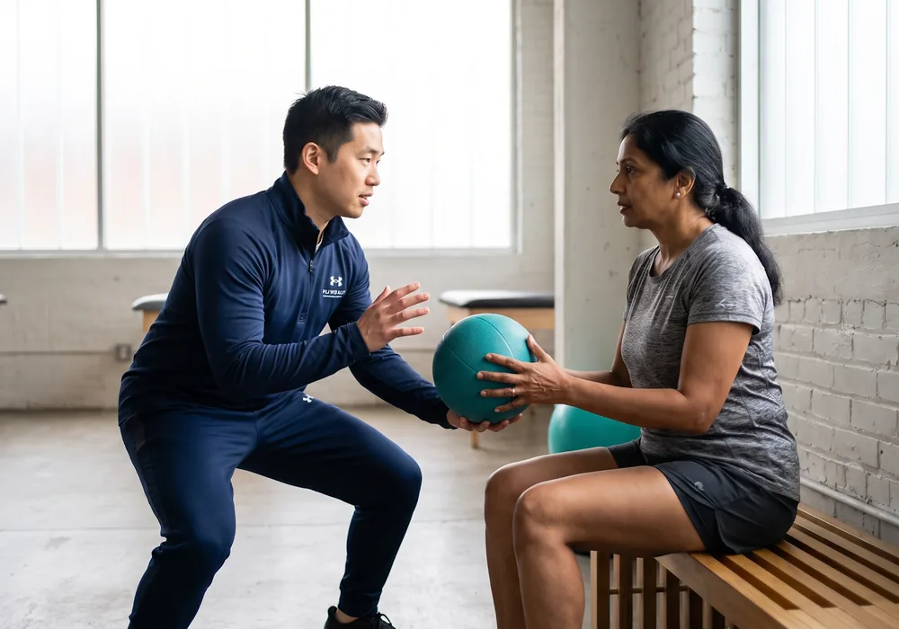 Coach and client training together with a medicine ball