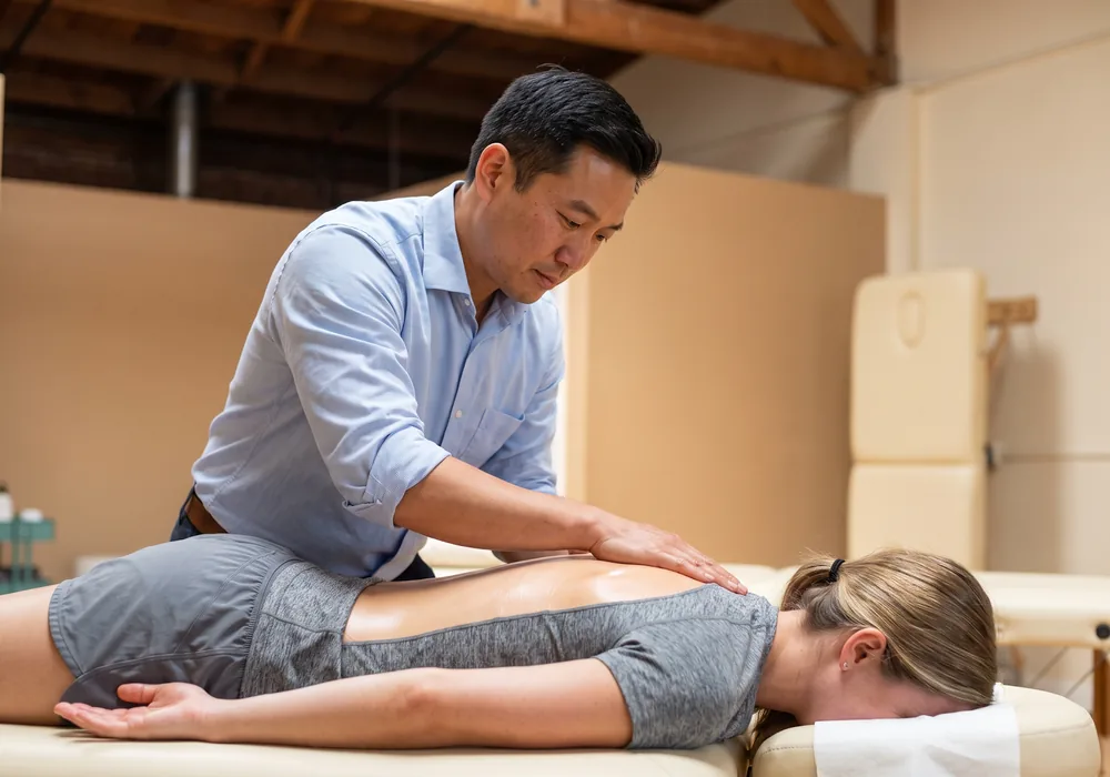 Therapist performing soft-tissue work on a patient's back