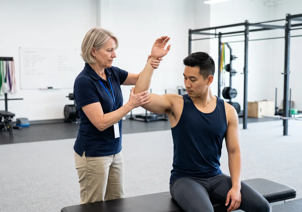 Physical therapist checking a patient's joint range of motion
