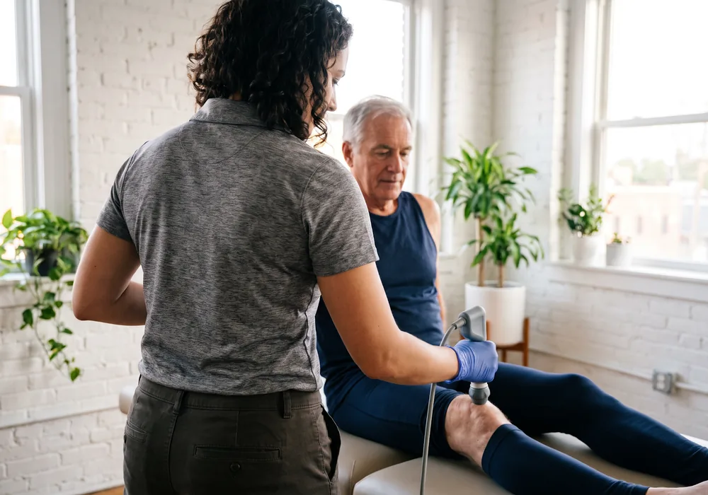 STEMWave sound-wave therapy device in use during a session