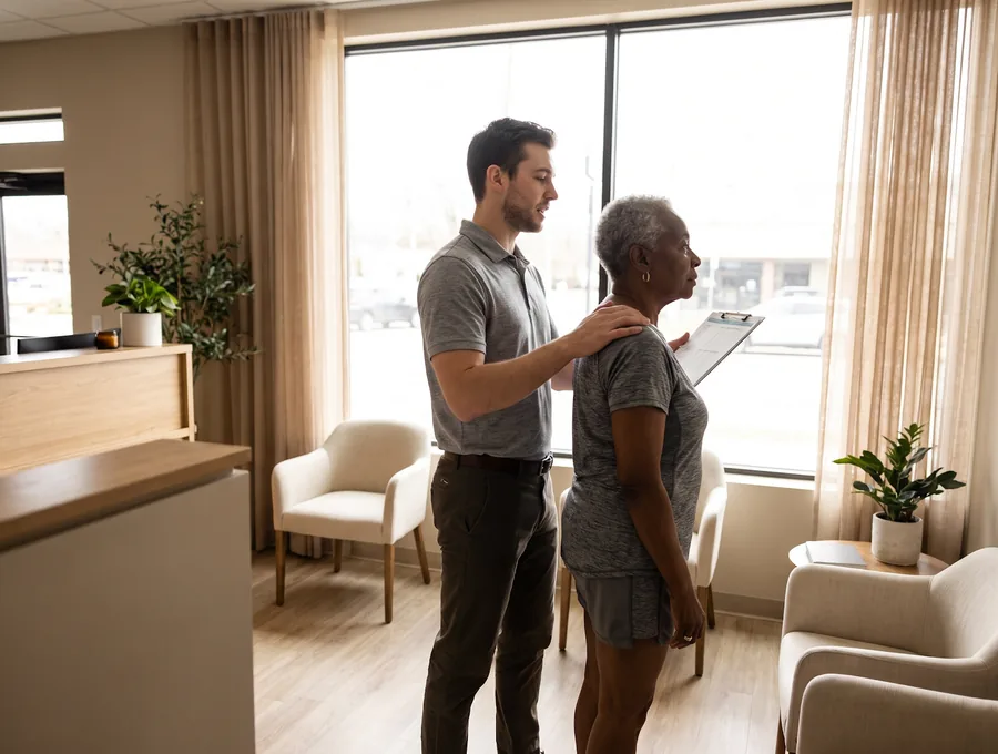 Physical therapist checking a patient's shoulder mobility