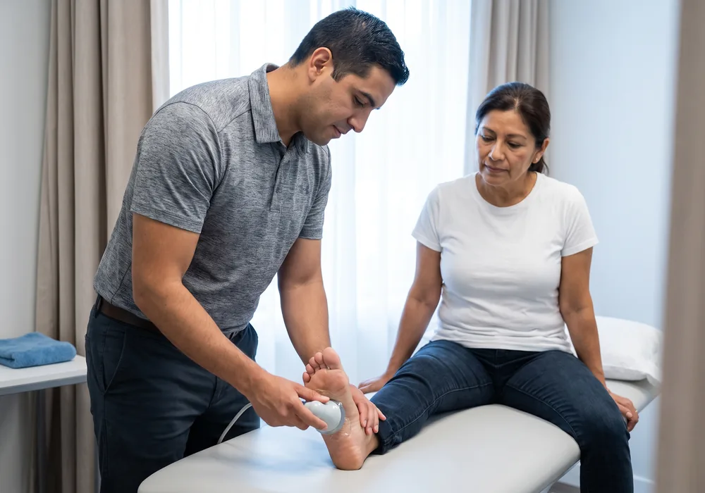 Therapist applying an ultrasound probe to a patient's foot