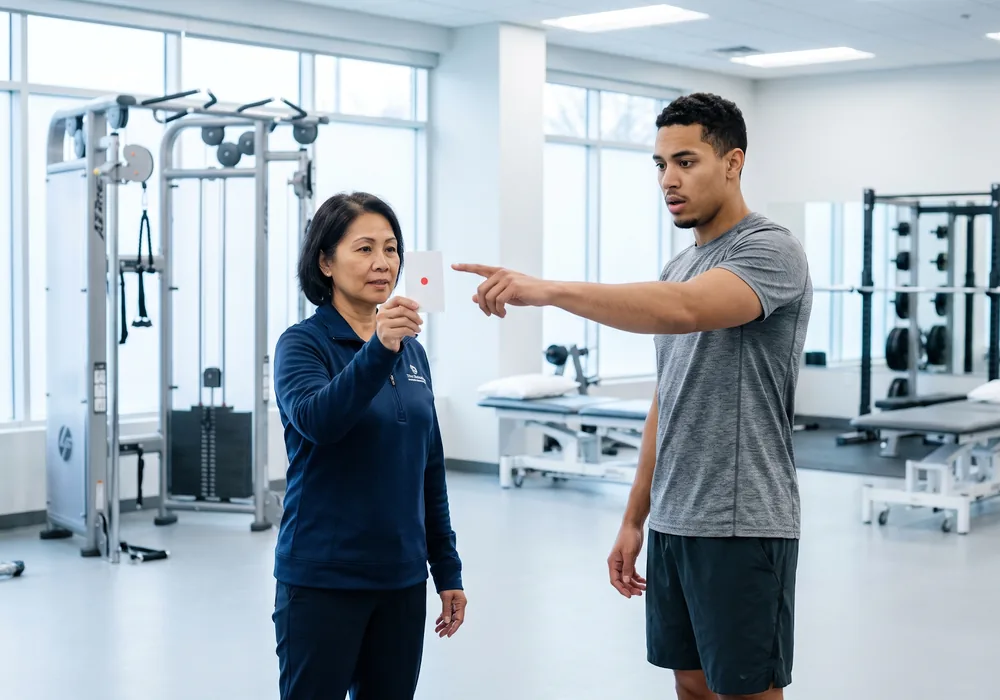 Physical therapist guiding a patient through a vestibular gaze-tracking exercise